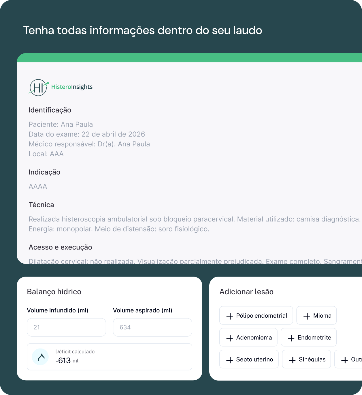 Tela do sistema de laudos da plataforma Histero Insights